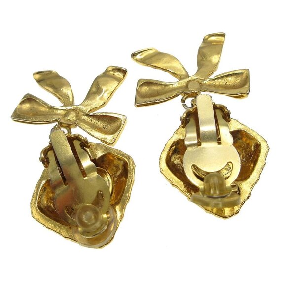 Chanel Quilted Bow Dangle Earrings Clip-On Gold - Picture 2 of 5